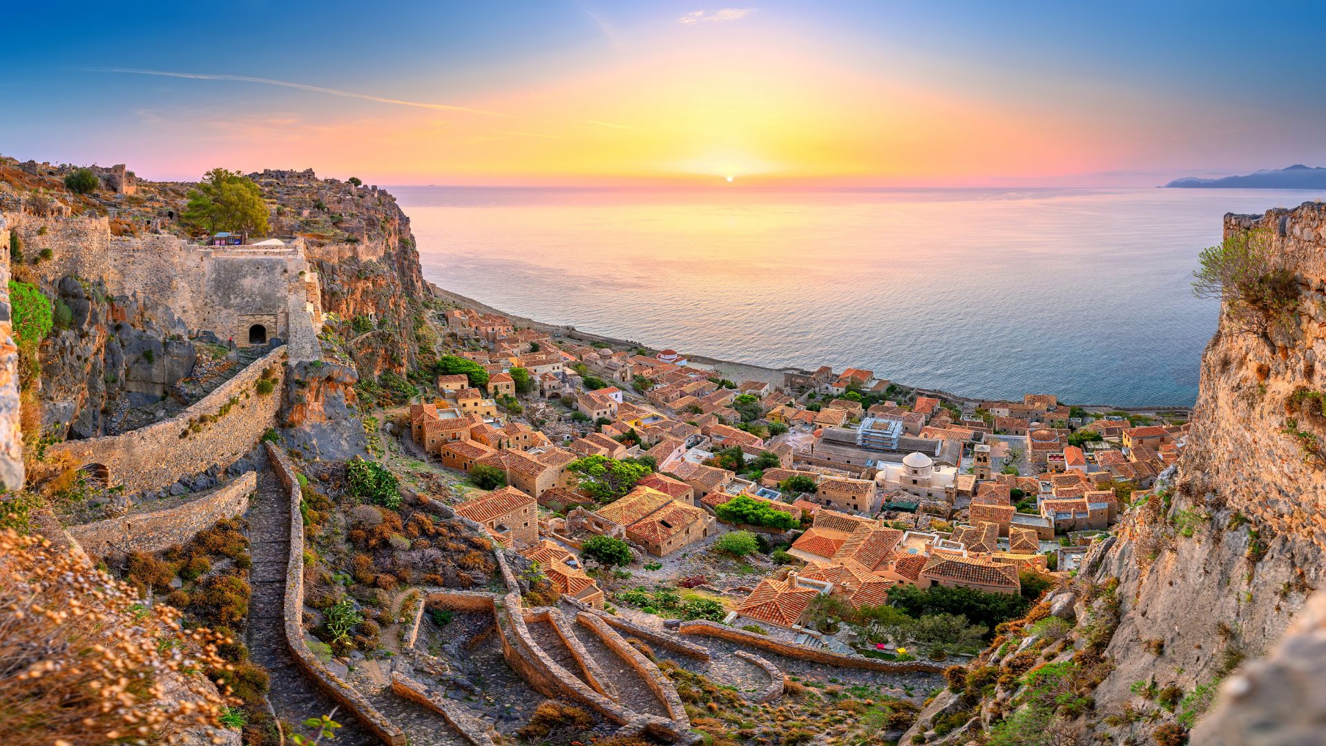 Panoramic view of village by the sea